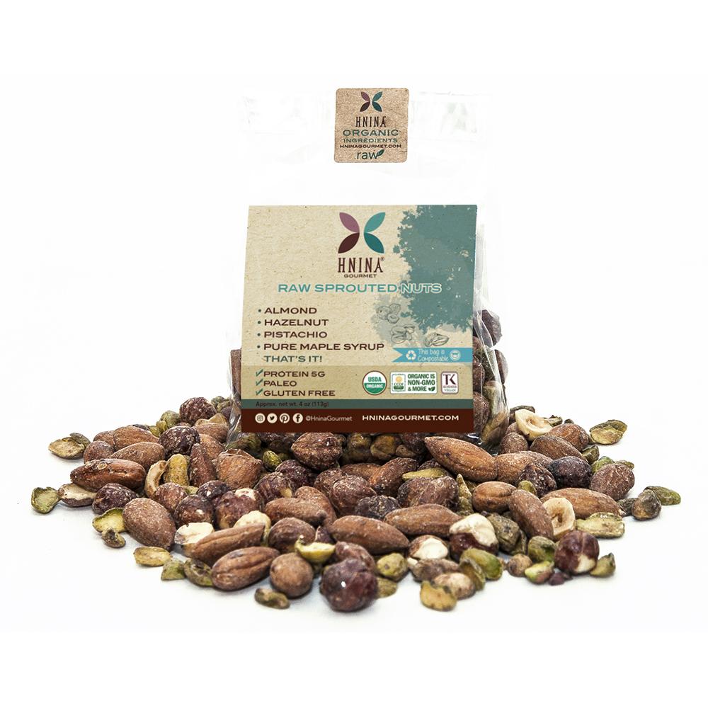 Hnina Raw Sprouted Nuts snacks are composed of activated raw pistachios, activated raw almonds and activated raw hazelnuts covered with a little bit of pure maple syrup, like the French chouchou. They are satiating, nourishing and delicious.