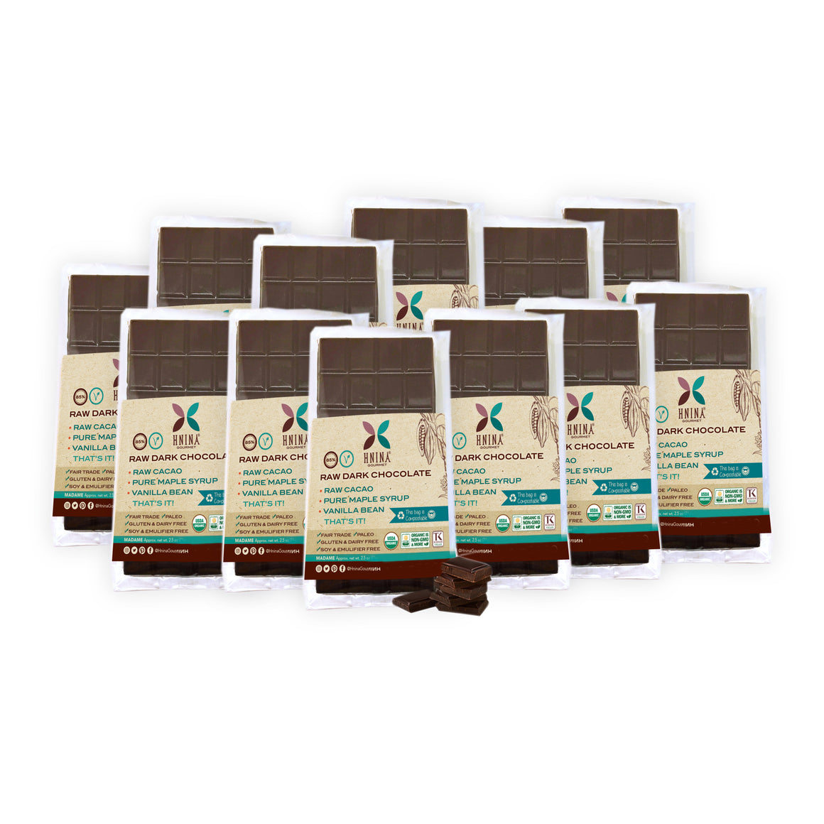 HNINA Organic Fairtrade Raw Dark Chocolate Madame Bars that are Free of sugar, emulsifier, dairy, preservatives and are enclosed into a wood cellulose compostable packaging. 